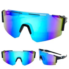Oversized RETRO SPORTY WRAP Shield Cycling SUN GLASSES Big Black Frame Blue Lens