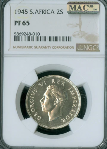 1945 SOUTH AFRICA 2 SHILLINGS NGC PF65 MAC SPOTLESS 150 MINTED *