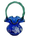 VTG Fenton Morning Glory Basket Cobalt Blue & Green Optic Hand Painted K Rowe