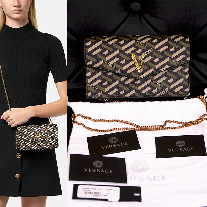 Versace — NEW $1075 VERSACE Coated Canvas Green LA GRECA VIRTUS V Small Crossbody BAG NWT