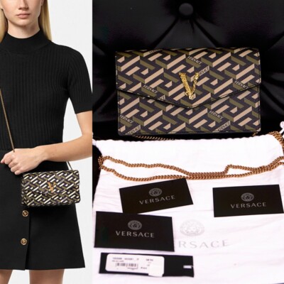 NEW $1075 VERSACE Coated Canvas Green LA GRECA VIRTUS V Small Crossbody BAG NWT