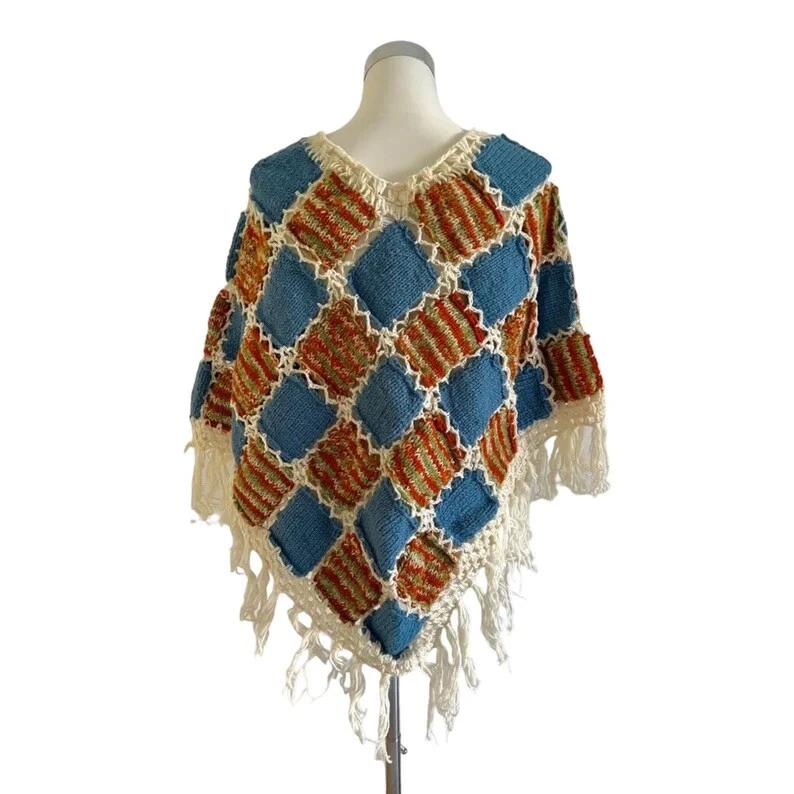 Poncho Wolle bunt Fransen Boho Überwurf Goa Nepal Umhang Hippie Häkelponcho - Bild 2 von 4
