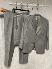 Bachrach Suit Men 42R Gray Striped 3 Piece Winter Flannel Wool 36X34 Pants Luxe