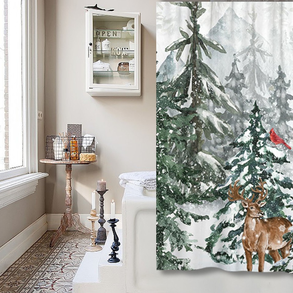 Winter Snowy Forest Shower Curtain Tree Deer Snowflake Shower Curatin