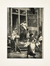 JEWISH QUARTER AMSTERDAM, NETHERLANDS Print - 1894 Mounted Antique B&W Engraving