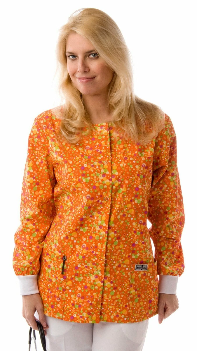 Women s Designer Orange Bubbles Print Scrubs Jacket eBay