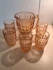 Jeannette Pink Depression Cubist Windor Diamond Glass Pitcher & 5 Glasses