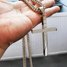 Christian Large Cross Pendant & 6mm 30" Box Cuban Stainless Steel Chain Necklace