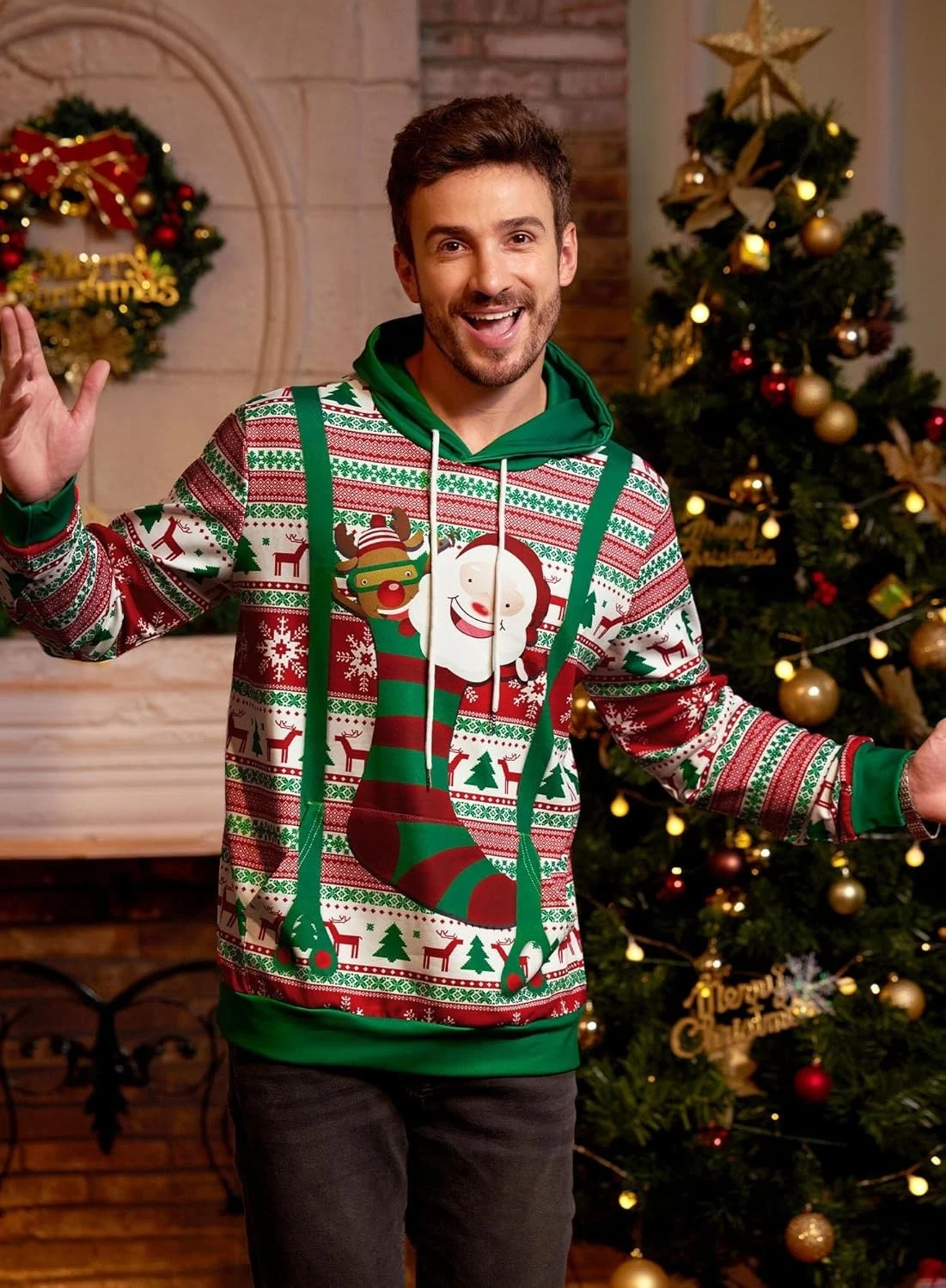 Holiday Knit Hoodie Red White Theme Patterned Hooded Casual Top