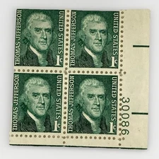 1968 Green 1 Cent Thomas Jefferson Block of (4) Stamps #30086 MNH US 1278