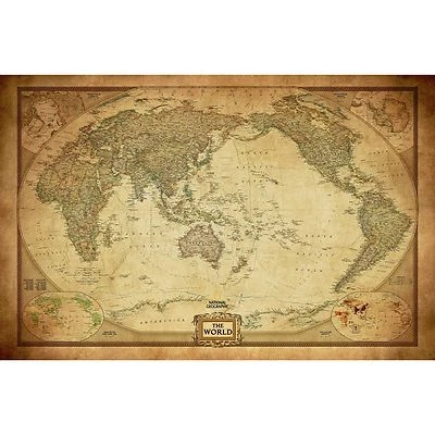 Vintage World Map Poster Canvas Detailed Center Australia Waterproof Map wall
