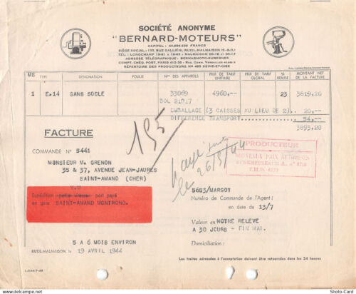 1944  FACTURE  BERNARD MOTEURS A RUEIL MALMAISON-M.GRENON A SAINT AMAND MONTROND - Afbeelding 1 van 1