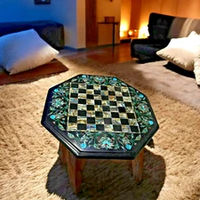 Antique Black Marble Octagon Chess Coffee Table Top – Semi-Precious Stone Decor