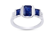 Three Stone Engagement Ring Simulated Blue Sapphire  Cubic Zirconia in Sterling