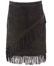 Party Casual women Wear Stylish Fringe Skirt Real Suede Black Leather Handmade