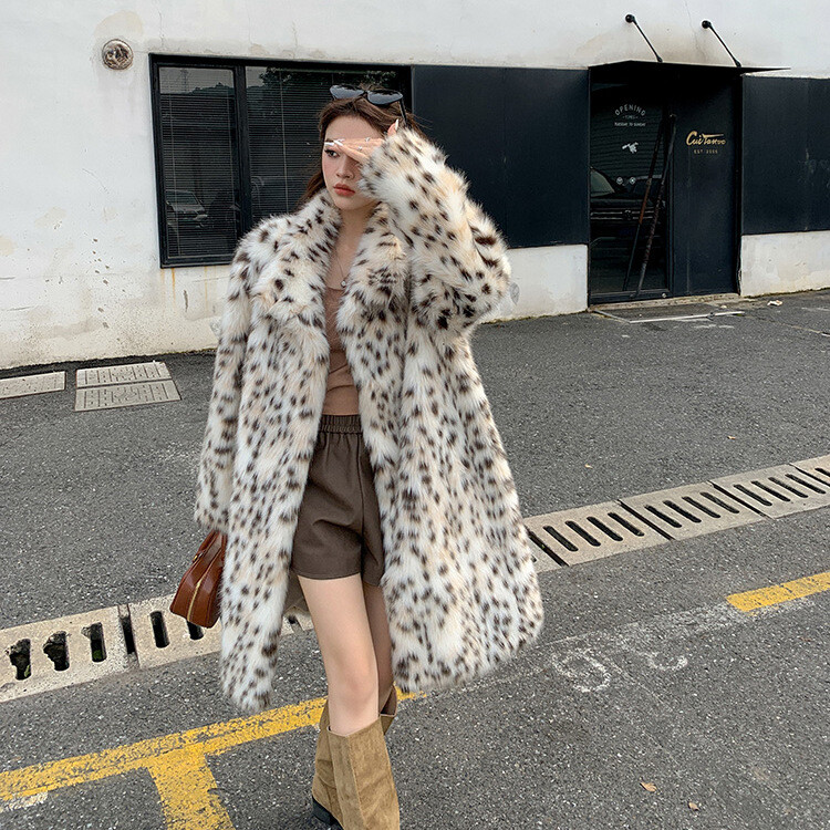 Retro Womens Leopard Print Faux Fox Fur Mid Long Coat Overcoat