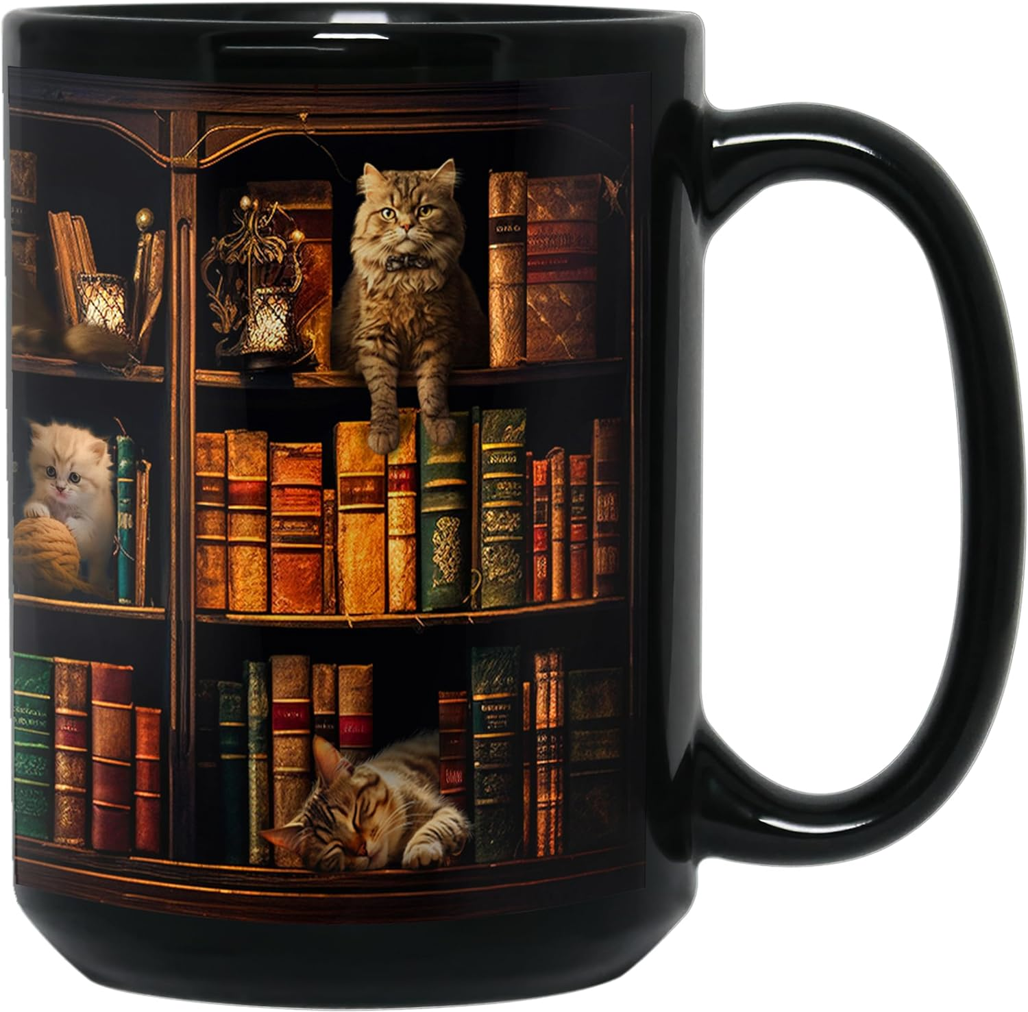 Cat Book Mug 15Oz Lovers Gifts for Readers Bookish Women Library Bookshelf Black