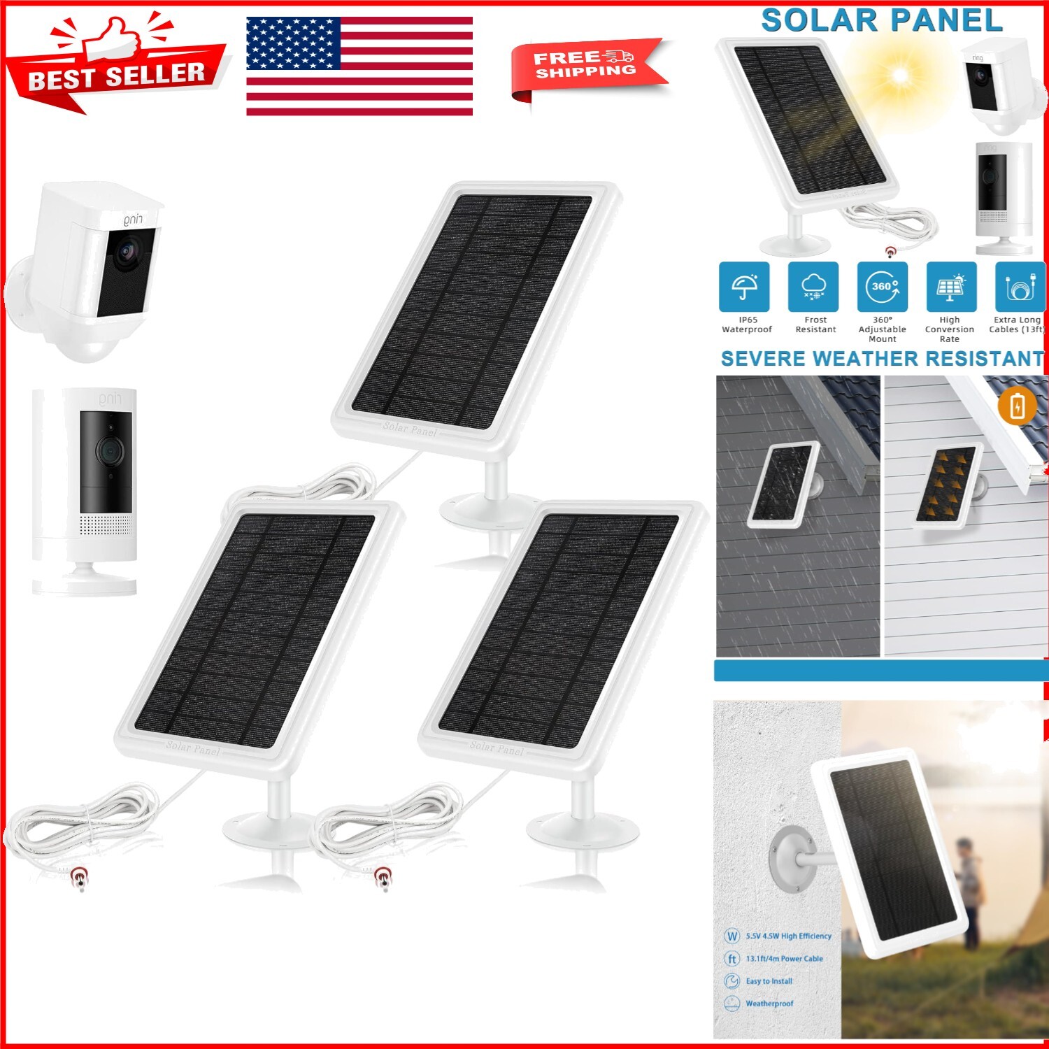 Weather-Resistant 3-Pack Solar Charger for Ring Stick Up Cam and Spotlight Battery  