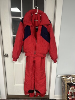 Vintage White Stag Ski Graphics Two Piece Snowsuit Skisuit Sz M With Hood
