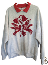 Vtg Jerzees Sweatshirt XL Gray GrandmaCore Birds Flowers Attached Collar