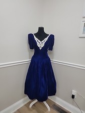 VTG 80  s Gunne Sax Jessica McClintock Velvet Royal Blue Dress/Lace Collar
