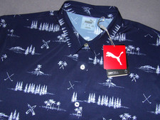 NEW PUMA Dry Cell Short Sleeved Golf Patterned Stretch Button Up Shirt Men's LG