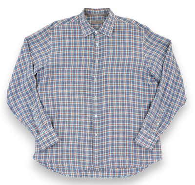 Canali 1934 Linen Button Front Shirt Men's XL Blue Red White Plaid Made in Italy