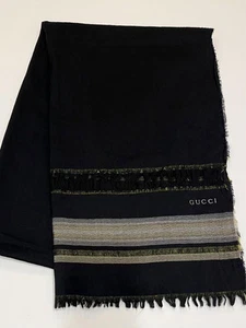 Gucci grande étole châle logo broderie frange silencieux bordure #QO3NER