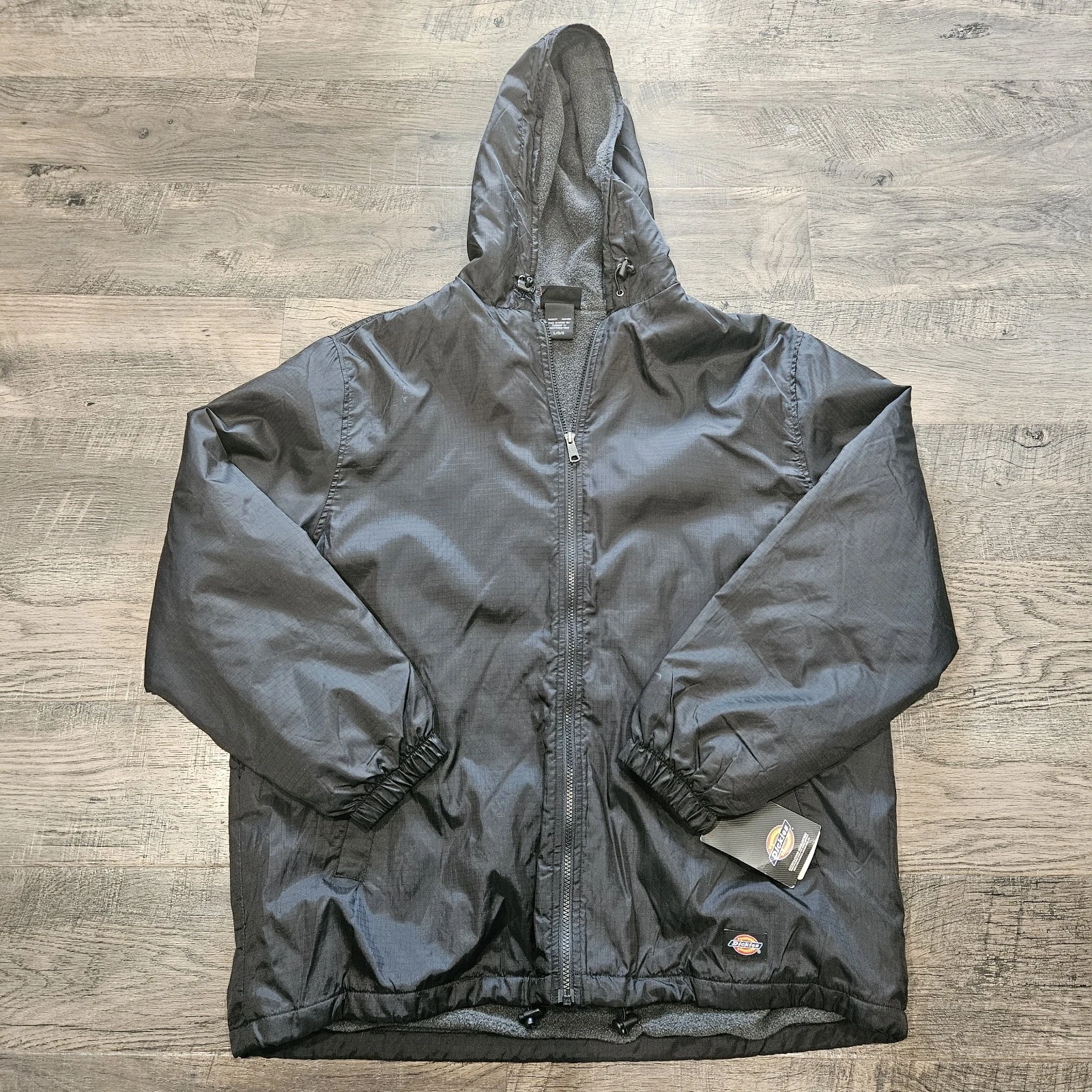 Dickies Nylon Hooded Jacket Fleece Lined Size Large Water Resistant Black NEW