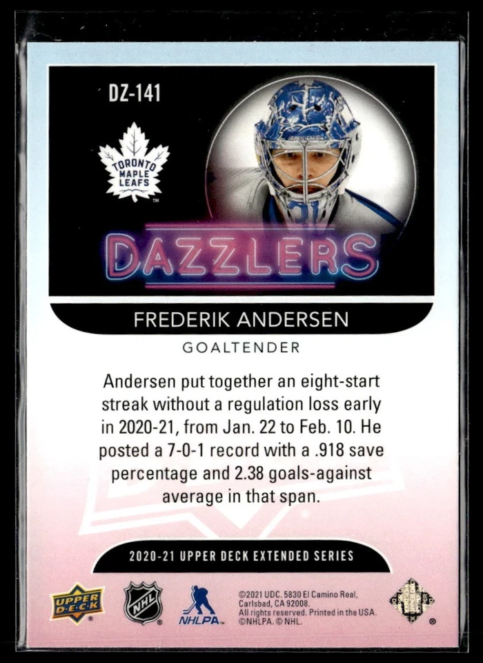 2020-21 Upper Deck Extended Series Dazzlers Pink #DZ-141 Frederik Andersen - Image 2 of 2