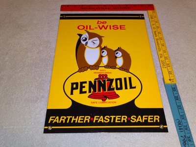 #ad VINTAGE PENNZOIL BE OIL WISE 3 OWLS 16quot; X 11quot; PORCELAIN METAL GASOLINE OIL SIGN $149.99