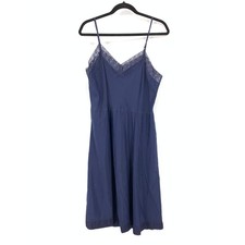 Mary Ely Vintage Navy Blue Lace Slip Sz L Chemise Lingerie V Neck Empire Waist