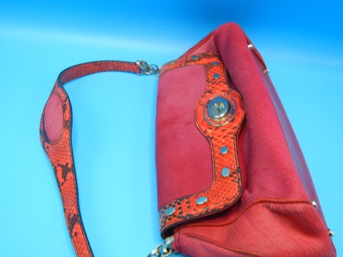 JUDITH LEIBER Shoulder Handbag Small Red Calf Pony Hair Snakeskin Leather Purse - Picture 7 of 12