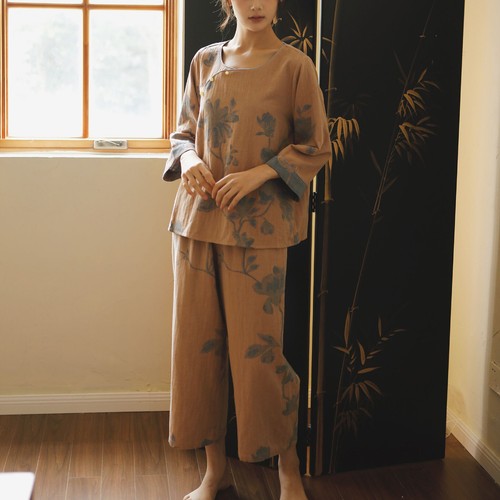 Women Summer Pajama Set Button Up Crew Neck Lounge Pants 3/4 Sleeve 2 Piece Pjs