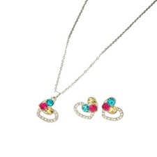 Girls 3 pc Silvery Rhinestone Heart Necklace Earrings Set - New