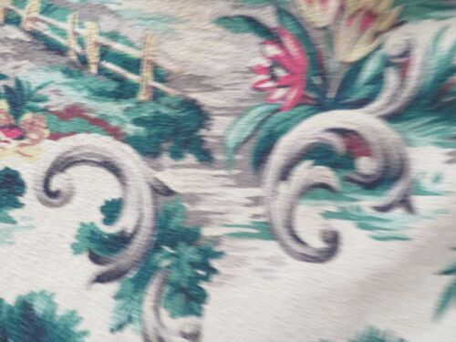 Vintage Super Nubby Dove Grey Scrolls & Roses Romantic Euro Barkcloth Fabric - Picture 1 of 6