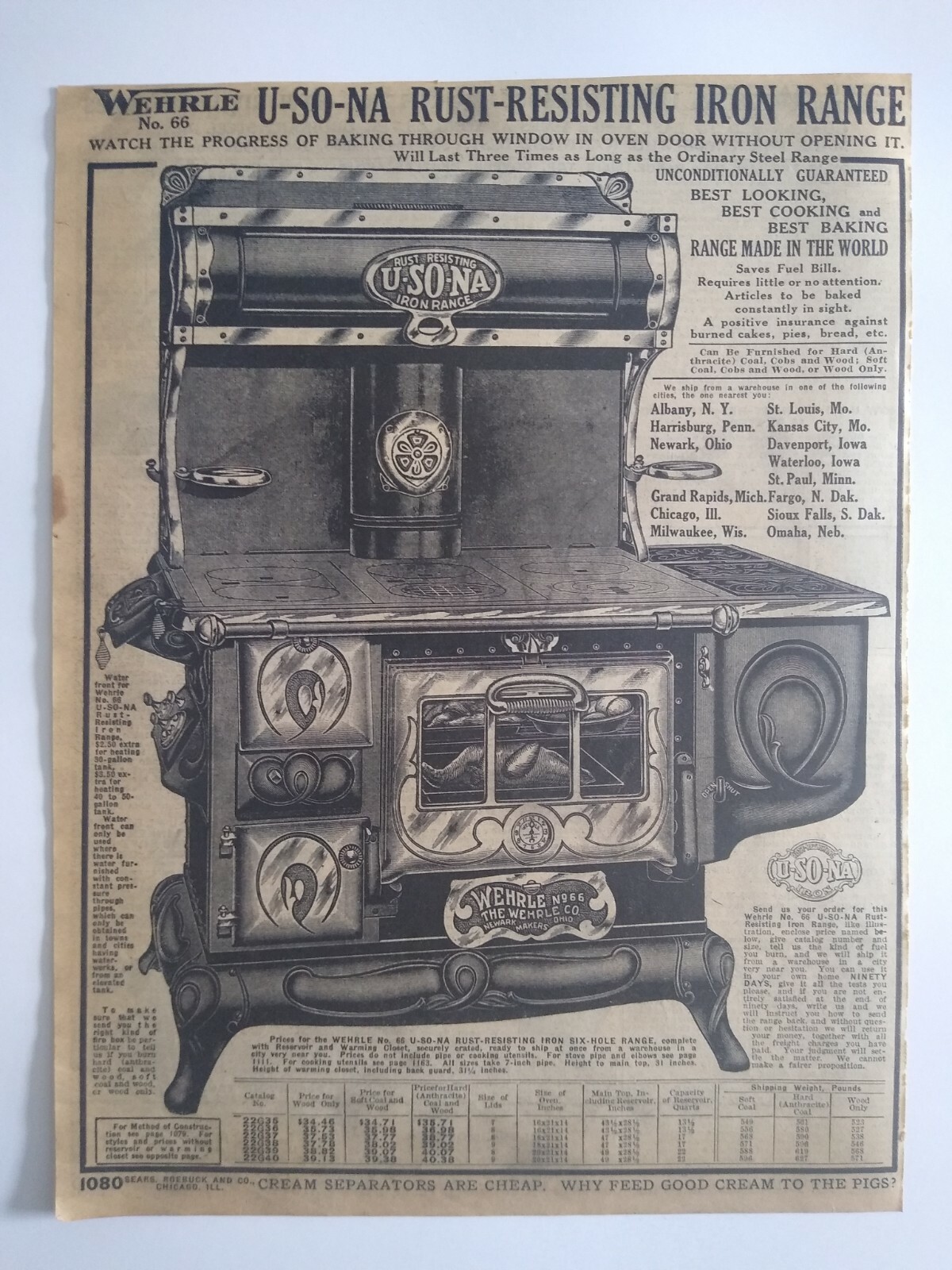 1911 Antique Wehrle No. 66 Range Stove Art Sears Catalog Page Vintage Print  Ad | eBay