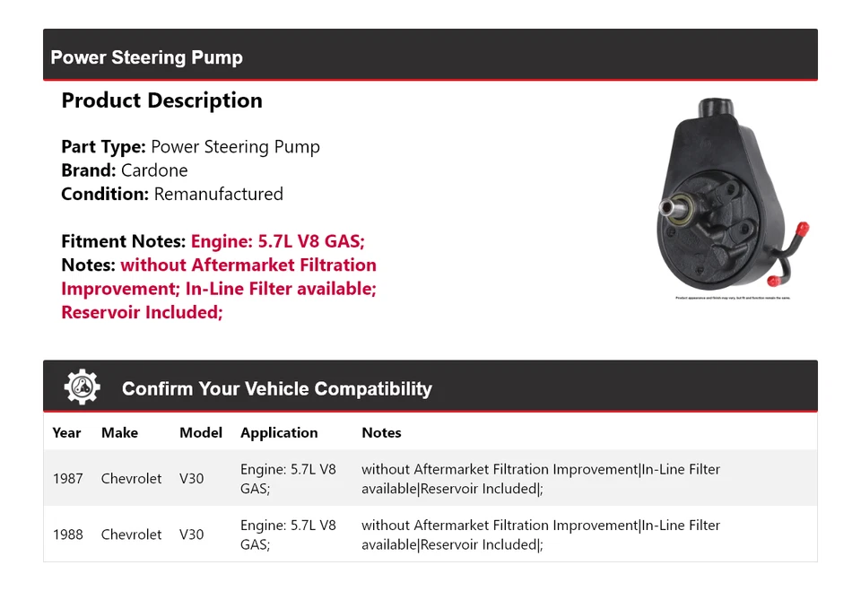 Bomba de dirección asistida de gas Cardone para Chevrolet V30 1987-1988 5,7 L V8 Foto 2 de 4