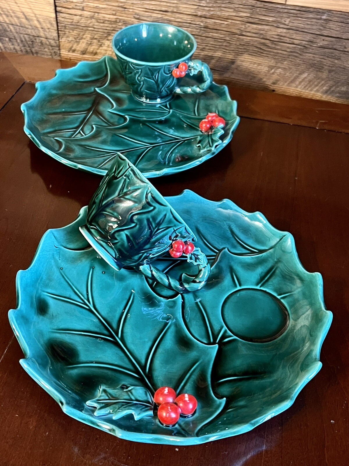 2 Vintage Lefton Green Holly Berry Snack Sets 2 Plates & 2 Cups