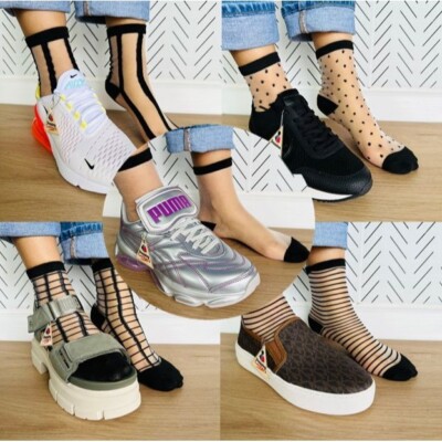  Women Socks 5 Pairs Transparent Silk Elastic Mesh Multi design Ankle Black New