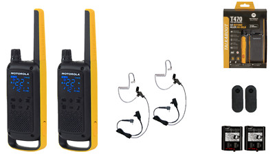 Motorola Solutions T470 Two Way Radios w/ Clear Tube PTT Earpieces 2-Pack