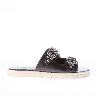 SAINT LAURENT women shoes Black leather espadrillas slide sandal studs buckles