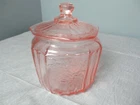 Pink Depression Glass Canister w/ Lid - Flowers Embossed - 7 1/2" t - aa5 cm