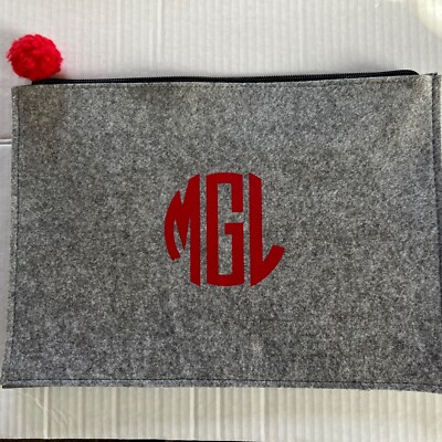 Grey Wool Felt Monogramed Laptop Sleeve Case Bag Pouch Pencil supplies Holder