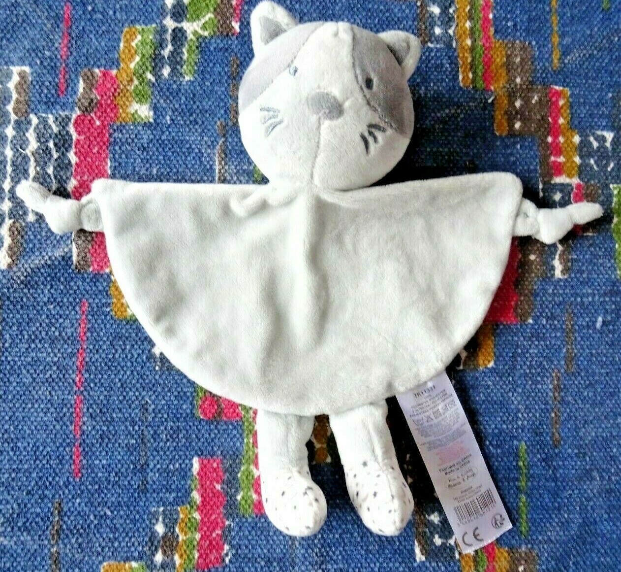 Doudou plat chat Tom & Kiddy gris et blanc avec grelot motif étoile