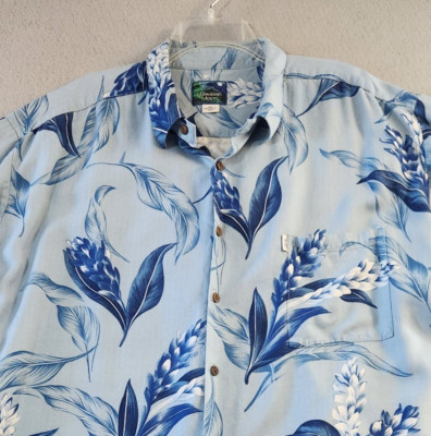 Hawaiian Moon Hawaiian Shirt XXL Blue Floral Herringbone Rayon Made in Hawaii