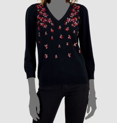 $80 Charter Club Women's Black Embellished V-Neck Sweater Petite Size PP 