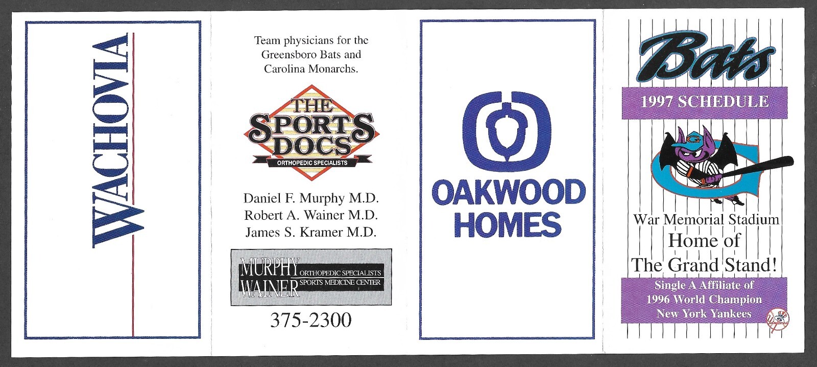 1997 GREENSBORO BATS (YANKEES) Wachovia Regular Season POCKET SCHEDULE