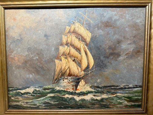 Vintage original Claus Wenskus nautical sail boat ship seascape painting /board