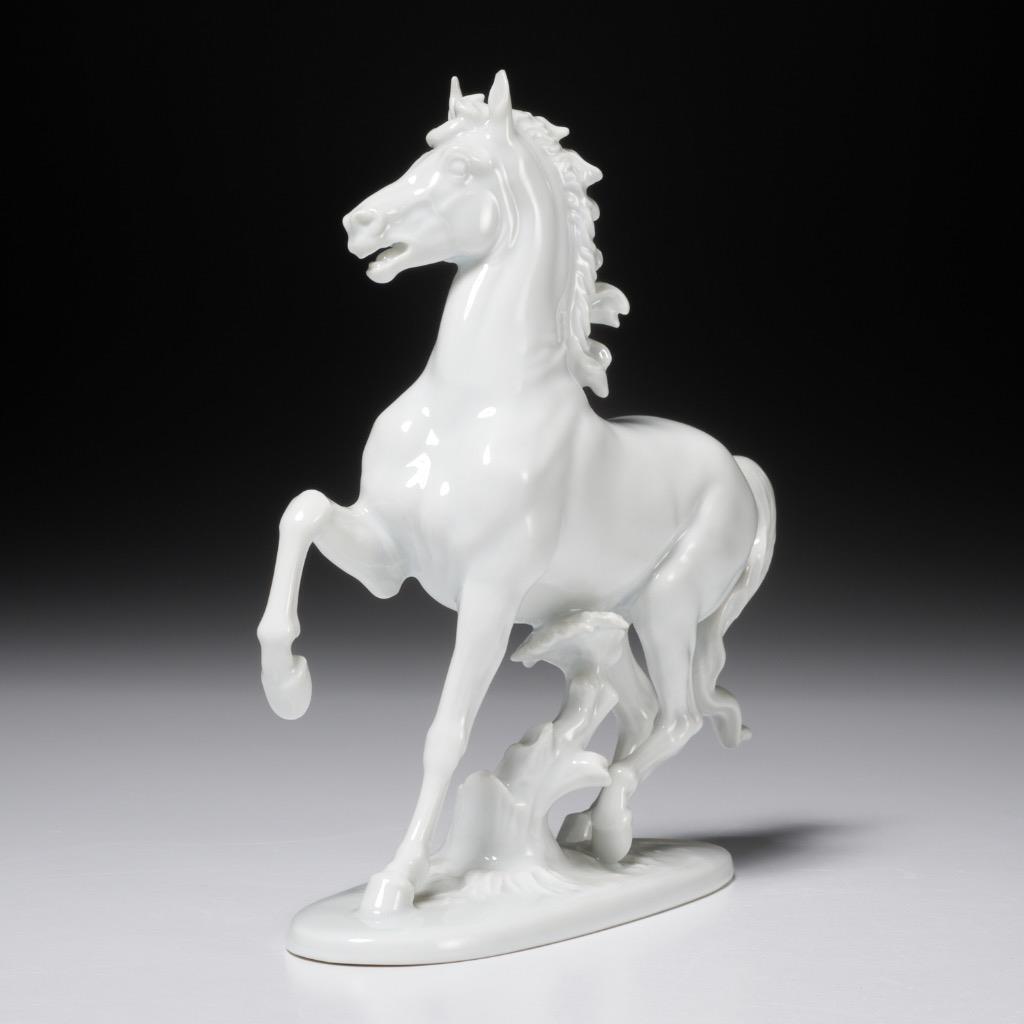ポリレジン製 騎馬像 黒白の馬 Rosenthal Karner White Porcelain Prancing Horse Figurine 1136 VTG
